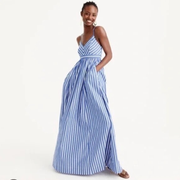 J Crew Long Drapey Spaghetti-strap Maxi in White Blue Stripe Dress - NWT - Picture 1 of 4